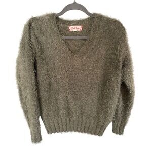 Pink Rose Olive Green Eyelash Knit V-Neck Fuzzy Sweater Small Cozy